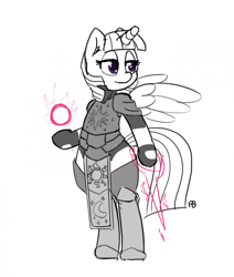 Size: 1280x1507 | Tagged: safe, artist:pabbley, twilight sparkle, twilight sparkle (alicorn), alicorn, pony, 30 minute art challenge, armor, bipedal, final fantasy, magic, monochrome, simple background, solo, white background