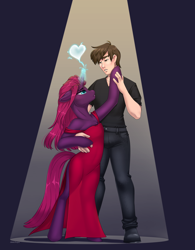 Size: 3010x3850 | Tagged: safe, artist:blithedragon, tempest shadow, oc, human, semi-anthro, unicorn, alternate hairstyle, beautiful, bedroom eyes, bipedal, bubble, clothes, dancing, dirty dancing, dress, eye contact, fanfic art, female, glowing horn, healed, heart, high res, horn, human male, interspecies, long hair, long tail, looking at each other, magic, magic aura, male, mare, pretty pretty tempest, red dress, reformed, romantic, side slit, spotlight, tempest gets her horn back, tempest now has a true horn, this will end in happiness, total sideslit, touching, touching face
