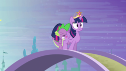 Size: 1920x1080 | Tagged: safe, screencap, spike, twilight sparkle, twilight sparkle (alicorn), alicorn, dragon, pony, princess twilight sparkle (episode), season 4, big crown thingy, context is for the weak, cross-eyed, eyes closed, faceful of ass, female, frown, gritted teeth, jewelry, male, mare, out of context, raised leg, regalia, spike running into twilight's rear, wide eyes
