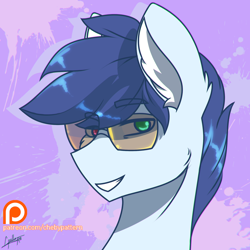 Size: 2048x2048 | Tagged: safe, artist:chebypattern, derpibooru import, oc, oc only, oc:slipstream, pegasus, pony, bust, eye clipping through hair, glasses, heterochromia, patreon, patreon reward, portrait, simple background, simple shading, smiling, solo