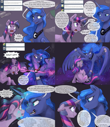 Size: 2557x2947 | Tagged: safe, artist:silfoe, princess luna, twilight sparkle, unicorn twilight, alicorn, pony, unicorn, alternate timeline, alternate universe, angry, angry eyes, chains, comic, crying, debate in the comments, dialogue, dream, dream walker luna, female, floppy ears, horse teeth, implied chrysalis, implied discord, implied king sombra, implied pony of shadows, implied tirek, mare, moonsetmlp, open mouth, speech bubble