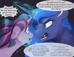 Size: 1280x989 | Tagged: safe, artist:silfoe, princess luna, twilight sparkle, alicorn, pony, unicorn, alternate timeline, alternate universe, angry, crying, dialogue, female, implied chrysalis, implied discord, implied king sombra, implied pony of shadows, implied tirek, looking at each other, mare, moonsetmlp, speech bubble, tumblr