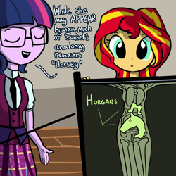 Size: 792x792 | Tagged: safe, artist:tjpones, sci-twi, sunset shimmer, twilight sparkle, horse, equestria girls, anatomically incorrect, anatomy, clothes, crystal prep academy uniform, cute, duo, eyes closed, female, fluoroscope, glasses, horgans, humans doing horse things, open mouth, organs, pun, school uniform, science, shimmerbetes, smiling, t pose, twiabetes, wat, x-ray, x-ray picture