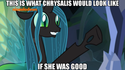 Size: 1024x573 | Tagged: safe, edit, edited screencap, screencap, ocellus, queen chrysalis, changedling, changeling, changeling queen, pony, season 8, what lies beneath, adorkable, caption, cute, cutealis, disguise, disguised changeling, dork, dorkalis, excited, fangs, female, floppy ears, grin, happy, image macro, implied chrysalis, mare, meme, meta, nickelodeon, nightmare cave, out of context, raised hoof, reformed, sharp teeth, silly, silly pony, smiling, solo, spread wings, squee, teeth, waving, what if, when she smiles, wings