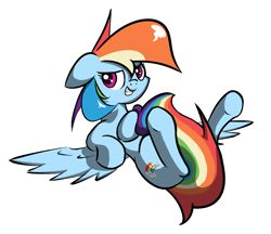 Size: 1580x1364 | Tagged: safe, artist:shovrike, rainbow dash, pegasus, pony, colored pupils, covering, grin, legs in air, on back, simple background, solo, spread wings, tail covering, underhoof, white background