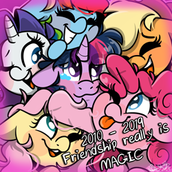 Size: 3000x3000 | Tagged: safe, artist:befishproductions, derpibooru import, applejack, fluttershy, pinkie pie, rainbow dash, rarity, twilight sparkle, earth pony, pegasus, pony, unicorn, :p, crying, cute, end of ponies, eye clipping through hair, eyes closed, female, floppy ears, group, mane six, mare, one eye closed, open mouth, signature, tongue out, wink