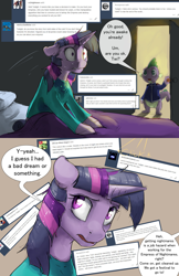 Size: 1280x1978 | Tagged: safe, artist:silfoe, spike, twilight sparkle, unicorn twilight, dragon, pony, unicorn, alternate universe, ask, bed, bed mane, bedroom, catapult nightmare, clothes, comic, dialogue, female, male, mare, moonsetmlp, onomatopoeia, pajamas, slit eyes, speech bubble, tumblr, uniform