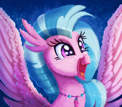 Size: 2000x1759 | Tagged: safe, artist:discorded, silverstream, classical hippogriff, hippogriff, bust, cheek fluff, chest fluff, cute, diastreamies, female, fluffy, happy, jewelry, neck fluff, necklace, open mouth, smiling, solo, sparkles, spread wings, wing fluff, wings