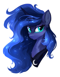 Size: 864x1100 | Tagged: safe, artist:hioshiru, princess luna, alicorn, pony, bust, cheek fluff, chest fluff, constellation, cute, ear fluff, eyeshadow, female, horn, lunabetes, makeup, mare, missing accessory, peytral, simple background, solo, white background