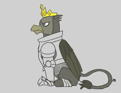 Size: 1280x983 | Tagged: safe, artist:pabbley, king grover, griffon, 30 minute art challenge, armor, crown, crown of grover, gray background, jewelry, male, regalia, simple background, solo