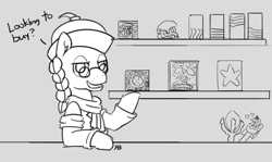 Size: 1280x762 | Tagged: safe, artist:pabbley, uncle curio, pony, 30 minute art challenge, army of darkness, bloodstone scepter, dialogue, evil dead, hellraiser, monochrome, necronomicon, scepter, solo, the fifth element, twilight scepter