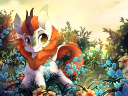 Size: 1100x825 | Tagged: safe, artist:teranen, autumn blaze, kirin, sounds of silence, awwtumn blaze, cute, female, flower, foal's breath, looking at you, scenery, smiling, solo