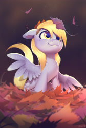 Size: 2682x4000 | Tagged: safe, artist:imalou, derpy hooves, pegasus, pony, autumn, cute, daaaaaaaaaaaw, derpabetes, female, floppy ears, fluffy, hnnng, leaves, looking up, mare, precious, sitting, smiling, solo, weapons-grade cute