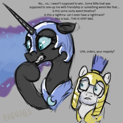 Size: 543x543 | Tagged: safe, artist:bigrigs, derpibooru exclusive, nightmare moon, alicorn, alternate timeline, armor, dialogue, gray background, helmet, moonabetes, nervous, nightmare takeover timeline, royal guard, signature, simple background, text