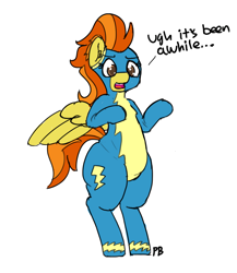 Size: 3251x3743 | Tagged: safe, artist:pabbley, stormy flare, pony, 30 minute art challenge, bipedal, chubby, clothes, curvy, dialogue, plump, simple background, solo, white background, wonderbolts uniform