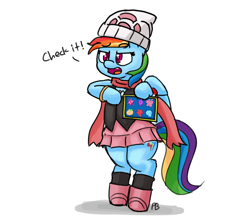 Size: 1280x1140 | Tagged: safe, artist:pabbley, rainbow dash, pegasus, pony, 30 minute art challenge, bipedal, boots, clothes, crossover, dawn (pokémon), dialogue, elements of harmony, gym badges, jewelry, open mouth, pokémon, pokémon trainer, rainbow dash always dresses in style, regalia, scarf, simple background, skirt, socks, solo