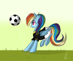 Size: 1024x850 | Tagged: safe, artist:lolepopenon, rainbow dash, pegasus, pony, clothes, football, scrunchy face, solo, sports