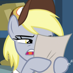 Size: 1079x1078 | Tagged: safe, screencap, derpy hooves, pegasus, pony, best gift ever, cropped, female, hat, hoof hold, mailmare, mailmare hat, mare, narrowed eyes, open mouth, reaction image, reading, squint, what the fuck am i reading