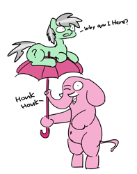 Size: 1280x1623 | Tagged: safe, artist:pabbley, pinkie pie, oc, oc:anon, elephant, dialogue, pink elephants, ponified, species swap, umbrella, wat