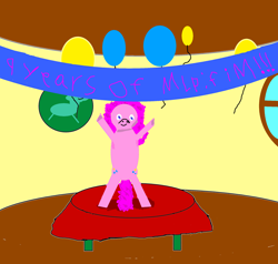 Size: 2100x2000 | Tagged: safe, artist:havock, pinkie pie, earth pony, pony, 1000 hours in ms paint, an attempt was made, balloon, banner, female, happy birthday mlp:fim, i tried, mare, mlp fim's ninth anniversary, solo, table, text, window