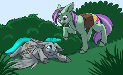 Size: 1000x607 | Tagged: safe, artist:foxenawolf, oc, oc only, oc:lavender dreams, oc:whirring cogs, pegasus, pony, unicorn, fanfic:change of life, broken horn, change of life, commission, fanfic art, injured, outdoors, unshorn fetlocks