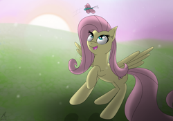 Size: 2000x1400 | Tagged: safe, artist:icanseeyourshed, fluttershy, butterfly, pegasus, pony, grass, solo, sunset