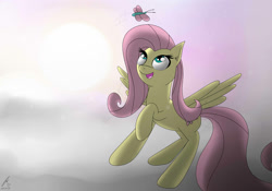 Size: 2000x1400 | Tagged: safe, artist:icanseeyourshed, fluttershy, butterfly, pegasus, pony, cloud, cloudy, solo, sunset