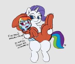 Size: 1280x1092 | Tagged: safe, artist:pabbley, rainbow dash, rarity, pegasus, pony, unicorn, 30 minute art challenge, bear suit, blushing, clothes, dialogue, female, kigurumi, lesbian, mare, open mouth, raridash, shipping, simple background, tsunderainbow, tsundere