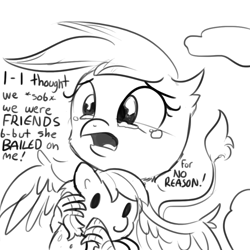 Size: 792x792 | Tagged: safe, artist:tjpones, gilda, griffon, crying, dialogue, frown, hug, monochrome, open mouth, plushie, rainbow dash plushie, sad, simple background, solo, spread wings, white background, woobie