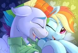 Size: 1280x870 | Tagged: safe, artist:pusspuss, bow hothoof, rainbow dash, pegasus, pony, crying, duo, explicit source, eyes closed, fanfic, fanfic art, fanfic cover, father and child, father and daughter, female, floppy ears, hug, male, mare, one eye closed, open mouth, parent and child, squishy cheeks, stallion, tears of joy, wink