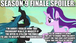Size: 1280x720 | Tagged: safe, edit, edited screencap, screencap, queen chrysalis, starlight glimmer, changeling, changeling queen, pony, unicorn, season 9, to where and back again, caption, cunt, duo, edgy, excessive exclamation marks, fake, female, hilarious in hindsight, image macro, implied cozy glow, mare, op is a cuck, op is trying to start shit, redemption, reformed, text, vulgar