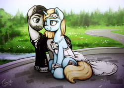 Size: 4962x3507 | Tagged: safe, artist:selenophile, earth pony, pony, unicorn, bedroom eyes, blushing, clothes, cute, dress, eye contact, hat, looking at each other, sitting, smiling, suit, tailcoat, wedding dress