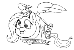 Size: 1280x853 | Tagged: safe, artist:pabbley, part of a set, angel bunny, fluttershy, original species, 30 minute art challenge, derp, flying, monochrome, species swap, tongue out, train pony, wat