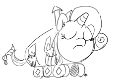 Size: 1280x853 | Tagged: safe, artist:pabbley, part of a set, opalescence, rarity, original species, 30 minute art challenge, eyes closed, monochrome, species swap, train pony, wat