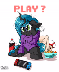 Size: 2198x2700 | Tagged: safe, artist:viejillox64art, queen chrysalis, changeling, changeling queen, pony, adorkable, blushing, clothes, coca-cola, cute, cutealis, dork, dorkalis, female, floppy ears, food, game console, glasses, mushroom, nerd, nintendo switch, smiling, solo, super mario bros., super mushroom, sweater