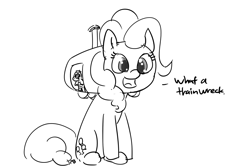 Size: 1280x853 | Tagged: safe, artist:pabbley, part of a set, gummy, pinkie pie, original species, 30 minute art challenge, monochrome, sitting, species swap, train pony, wat