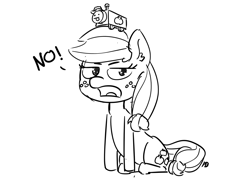 Size: 1280x937 | Tagged: safe, artist:pabbley, part of a set, applejack, earth pony, pony, 30 minute art challenge, monochrome, sitting, solo, toy, toy train, unamused