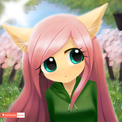 Size: 1000x1000 | Tagged: safe, artist:howxu, derpibooru import, fluttershy, anthro, pegasus, bust, cute, daaaaaaaaaaaw, ear fluff, event horizon of cuteness, female, portrait, shyabetes, solo, tree