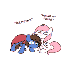 Size: 560x448 | Tagged: safe, artist:sugar morning, derpibooru import, editor:rautamiekka, oc, oc only, oc:bizarre song, oc:sugar morning, pegasus, pony, animated, cape, chest fluff, clothes, colored, couple, dialogue, eyes closed, female, funny, funny as hell, male, mare, mistress, simple background, snuggling, stallion, sugarre, text, white background, worship