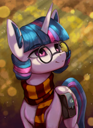 Size: 2191x3000 | Tagged: safe, artist:mrscroup, derpibooru import, twilight sparkle, unicorn twilight, pony, unicorn, clothes, female, glasses, harry potter, looking up, mare, saddle bag, scarf, solo