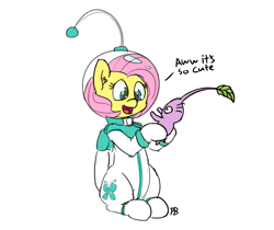 Size: 1280x1075 | Tagged: safe, artist:pabbley, fluttershy, pegasus, pony, 30 minute art challenge, astronaut, crossover, dialogue, female, mare, pikmin, purple pikmin, simple background, spacesuit, white background