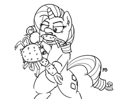 Size: 1280x1031 | Tagged: safe, artist:pabbley, rarity, crab, pony, unicorn, 30 minute art challenge, bipedal, biting, crab fighting a giant rarity, glare, hoof hold, monochrome, rarity fighting a giant crab, role reversal, sketch, solo