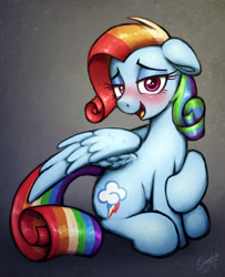 Size: 1594x1961 | Tagged: safe, artist:selenophile, rainbow dash, pegasus, pony, alternate hairstyle, bedroom eyes, blushing, cute, female, looking at you, mare, open mouth, rainbow fash, raised hoof, rarity hair, sitting, solo, wings