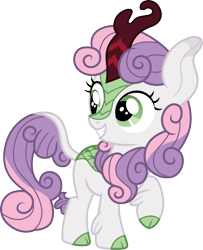 Size: 976x1200 | Tagged: safe, artist:cloudyglow, sweetie belle, kirin, cloven hooves, colored hooves, curved horn, cute, diasweetes, female, filly, grin, horn, kirin-ified, kirinbetes, leg fluff, leonine tail, looking back, raised hoof, scales, show accurate, simple background, smiling, solo, species swap, squee, transparent background, vector