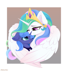 Size: 6048x6300 | Tagged: safe, artist:xsatanielx, derpibooru import, princess celestia, princess luna, alicorn, pony, friendship is magic, crown, crying, duo, female, happy birthday mlp:fim, hug, jewelry, mare, mlp fim's ninth anniversary, one eye closed, regalia, royal sisters, s1 luna, siblings, sisters, tears of joy, winghug