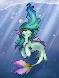 Size: 1024x1365 | Tagged: safe, artist:meggchan, derpibooru import, oc, oc only, sea pony, bubble, crepuscular rays, female, ocean, smiling, solo, underwater