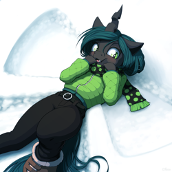 Size: 4000x4000 | Tagged: safe, artist:ohemo, queen chrysalis, anthro, changeling, changeling queen, unguligrade anthro, absurd resolution, belt, blushing, clothes, cute, cute little fangs, cutealis, fangs, female, hoof boots, looking at you, open mouth, pants, scarf, smiling, snow, snow angel, solo, winter outfit