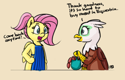 Size: 2854x1837 | Tagged: safe, artist:pabbley, fluttershy, greta, griffon, pegasus, pony, alternate hairstyle, butcher, butchershy, dialogue, food, meat, out of character, ponies eating meat, sausage, steak