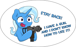 Size: 7237x4514 | Tagged: safe, artist:ljdamz1119, trixie, pony, unicorn, absurd resolution, female, frown, gun, hoof hold, mac-10, machine pistol, mare, nervous, open mouth, scared, simple background, solo, speech, text, this will end in death, this will end in pain, this will end well, this will not end well, transparent background, wat, weapon, wide eyes