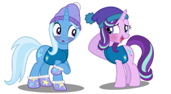 Size: 1859x1024 | Tagged: safe, artist:mundschenk85, starlight glimmer, trixie, pony, unicorn, :o, blushing, cute, diatrixes, female, glimmerbetes, mare, open mouth, raised hoof, simple background, transparent background, vector, winter outfit